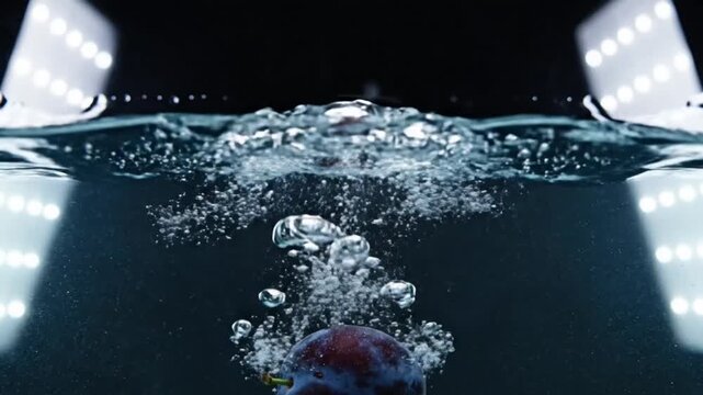 Dramatic slow motion shot of a plum plunging into water creating a splash with background lights