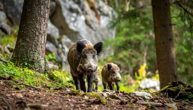 Wild boar and piglet in forest