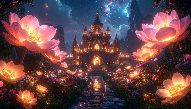 Fantasy castle lit by giant glowing flowers