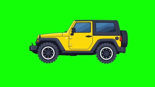 Yellow Off Road Car Side View Loop Animation on Green Screen HD