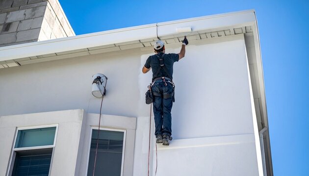 Rope access worker repairing building facade
