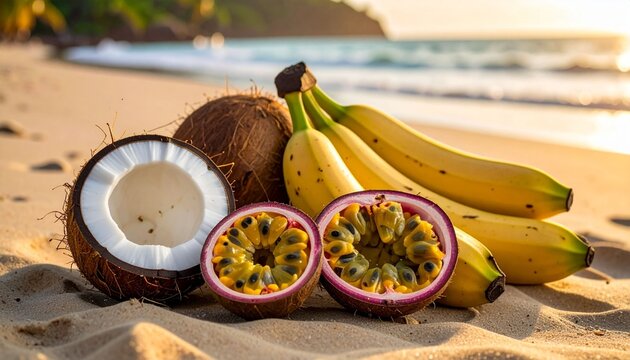 Tropical fruits on sandy beach