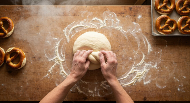 Skilled German B&auml;ckerin's Hands Masterfully Twisting Authentic Bavarian Pretzel Dough in Traditional Bakery Kitchen