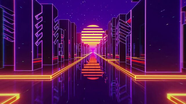 Vibrant neon cityscape at twilight, an immersive retro-futuristic journey down a reflective digital highway towards a glowing horizon