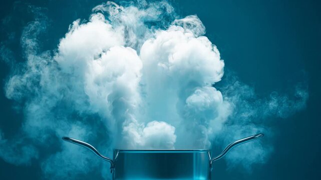 Stainless steel saucepan boiling and producing thick white steam against a blue background