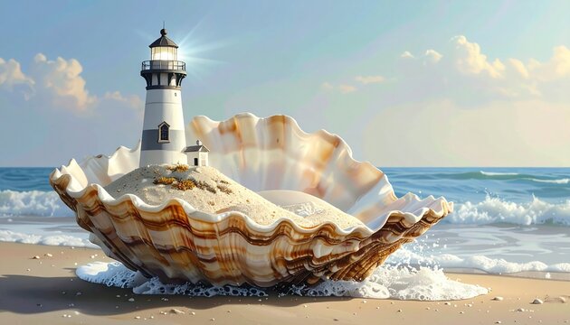 Lighthouse emerging from giant seashell on sunlit beach at sunset