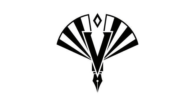 Black art deco letter V logo with pen nib