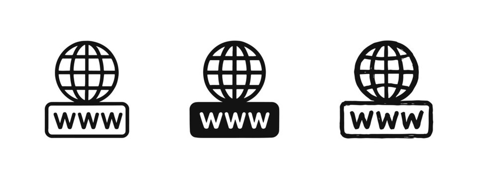 World Wide Web Globe Icon Set with WWW Label in Outline, Solid, and Hand-Drawn Styles for Internet Domain