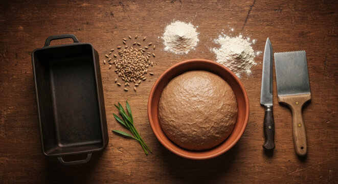 Overhead Flat Lay of Authentic Westphalian Pumpernickel Bread Ingredients and Tools on Rustic Table