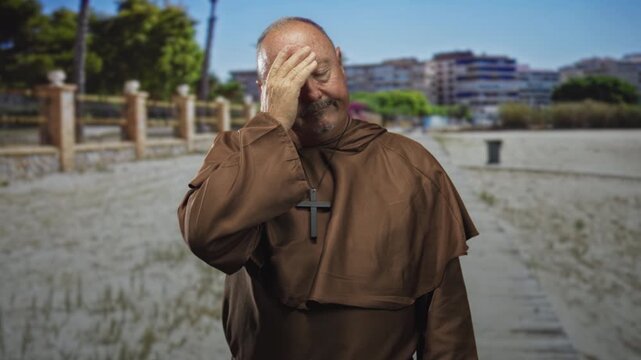 Man monk senior hispanic in brown habit with wooden cross necklace, hand on forehead on street boardwalk by sand and buildings; weariness reflection.