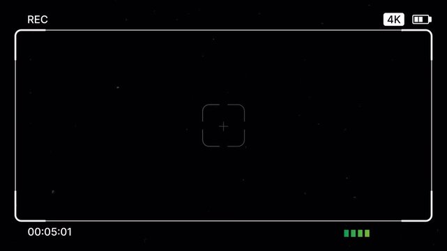 Cinematic camera viewfinder overlay with rec indicator, 4K label, timecode, audio levels for editing. Retro recording screen overlay with HUD, dust, scratches, tape, grain effect for filming. 4K Video