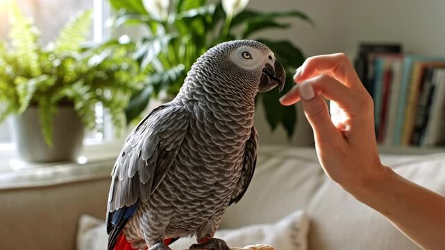 Pet owner gently scratches the head of an adorable gray parrot as it relaxes and enjoys affection indoors