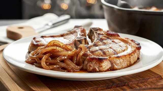 Delicious Pan-Seared Pork Chops with Caramelized Onions, a Simple and Flavorful Dish for a Gourmet Meal