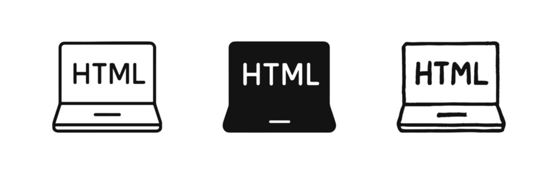 HTML Web Development Laptop Icons in Outline, Solid and Hand-Drawn Styles