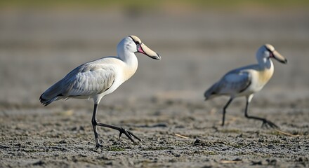 Obraz premium Two Spoonbills Strolling Across the Mudflats in Sunlight.