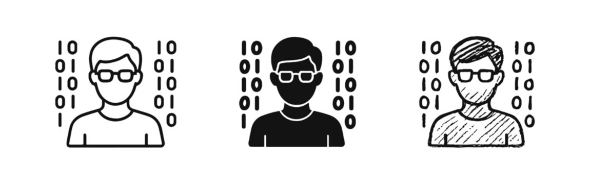 Programmer Avatar with Binary Code Icons in Outline, Solid and Hand-Drawn Styles