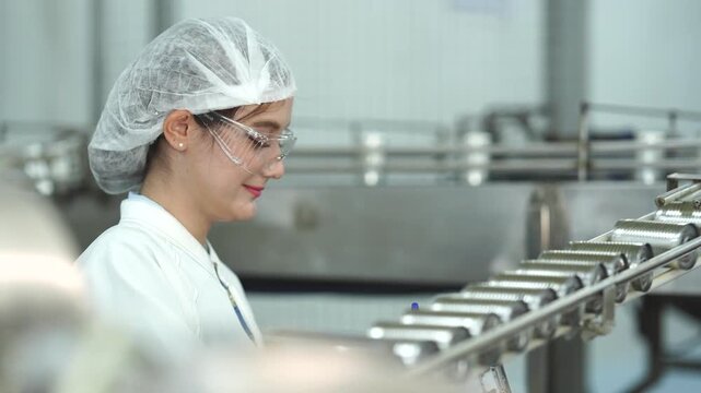 A professional female quality controller in a sanitized lab coat and safety glasses monitoring an automated canning production line in a modern manufacturing plant.