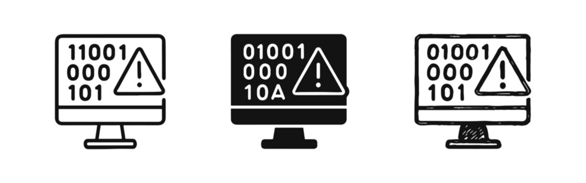 System Error Alert on Monitor with Binary Code Icons in Three Styles