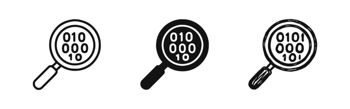 Magnifying Glass with Binary Code Icons in Outline, Solid and Hand-Drawn Styles
