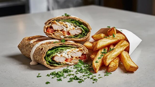 Delicious chicken wraps with french fries, fresh lettuce, tomatoes, and creamy sauce on a gray surface