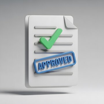 3d illustration of a document with a green checkmark and approved stamp on a gray background