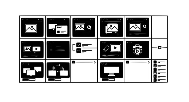 Grid Block Social Media Content Calendar with Publishing Icons Black Silhouette Vector Illustration