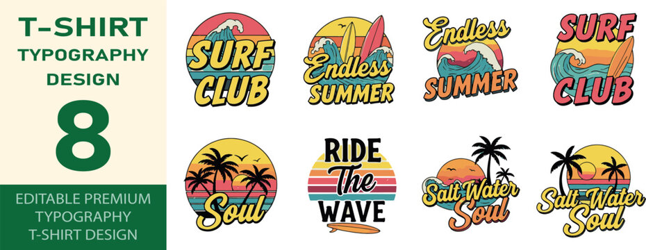 Vintage surf style apparel graphics featuring ocean waves and sunsets