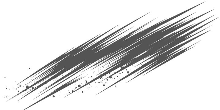 Dynamic black ink streaks slashing diagonally across a white background, with splatter accents and a bold, abstract, high-energy brushstroke style vector design.