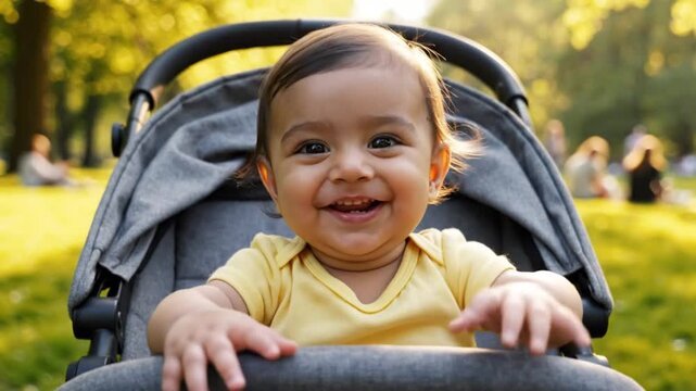 Happy baby smiling and waving from stroller in sunlit park during daytime with people in background