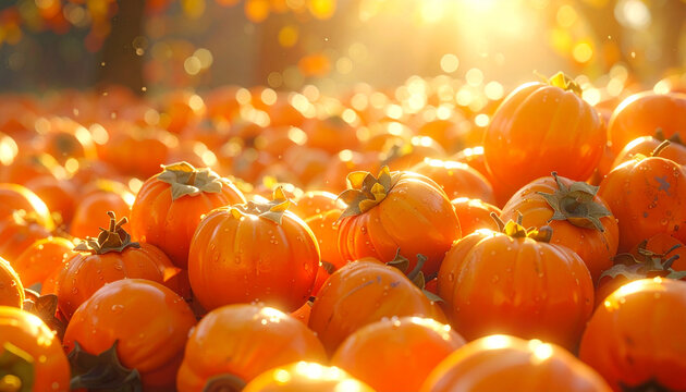 Orange pumpkins field under golden sunlight