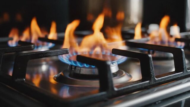 Close-up of a gas stove with blue and orange flames burning from the lit burners, reflecting off of the cooktop