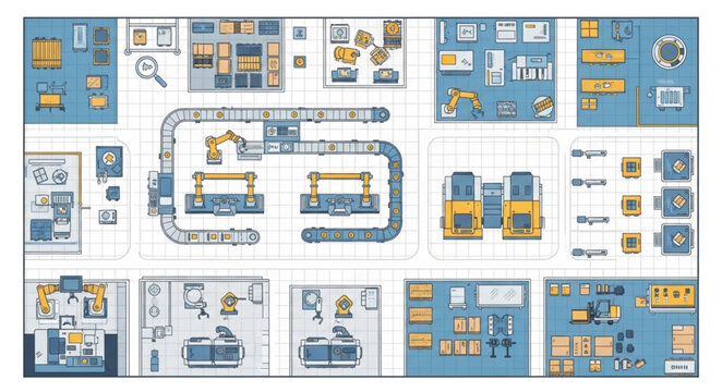 Industrial factory layout plan with machinery and equipment.