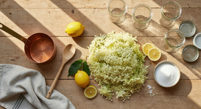 Overhead Flat Lay: Fresh Elderflower Blossoms, Lemons, and Sugar for Traditional German Jelly Preparation