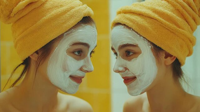 Young woman with a towel on her head and a cosmetic mask on her face enjoying her beauty routine