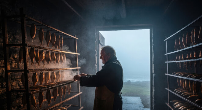 Weathered Scottish Artisan Tending Traditional Smoked Kippers in Misty Isle of Skye Smokehouse
