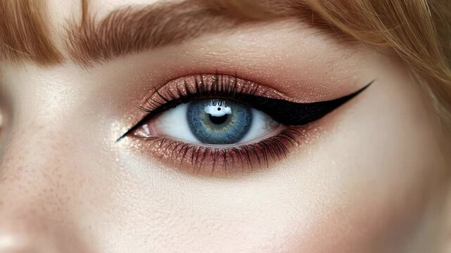 Macro view of a beautiful woman's eye with perfect makeup blinking slowly and looking at camera