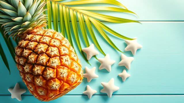 seashells. Tropical arrangement featuring a ripe pineapple and seashells on a mint blue wooden surface. menu design, packaging mockups, designed for food delivery and cloud-kitchen brand materials.