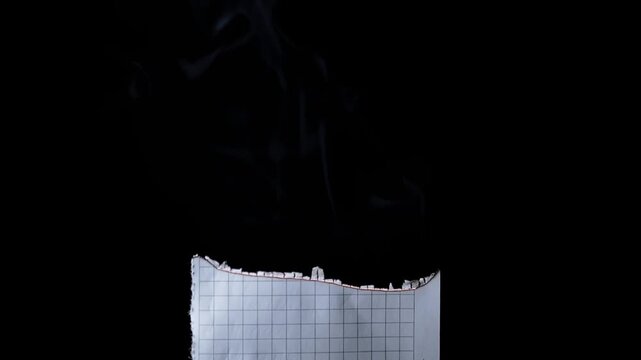 Smoldering edge of grid notebook paper releases curling gray smoke against a dark background. Concept of document destruction, bad ideas, academic failure, and loss of information.