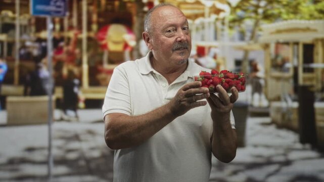 Man in white polo holding strawberries with hands in front of busy street market stalls, smiling and presenting fresh ripe fruit; generosity community.