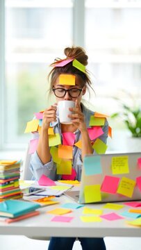 Overworked student surrounded by colorful sticky notes drinking coffee while studying with laptop and books, chaotic study routine concept showing multitasking learning pressure and academic stress