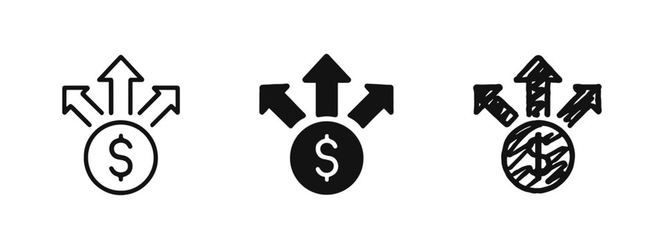 Investment diversification icon set with dollar coin and rising arrows in outline, solid, and hand-drawn styles