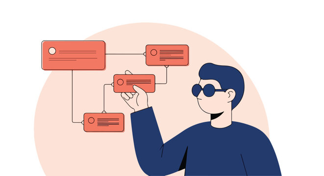 Man in sunglasses organizing complex data structures and system architecture, illustrating workflow, process mapping, and information management with interconnected blocks.