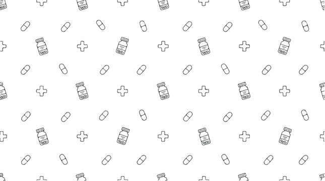 Seamless pattern of medical pills and pharmacy bottles with plus signs on a white background