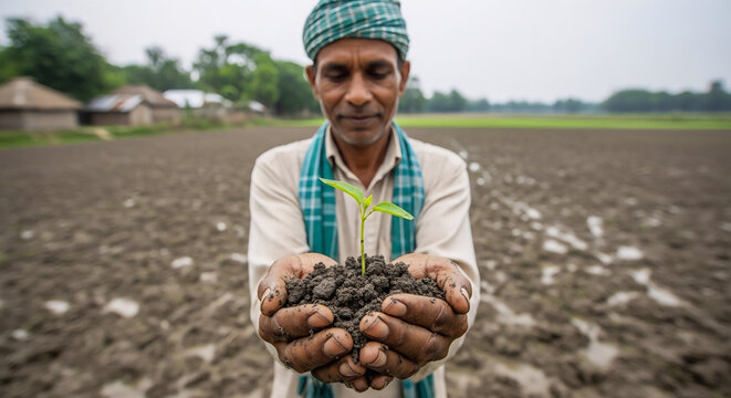Indian farmer holding young plant seedling in hands in fertile soil field.