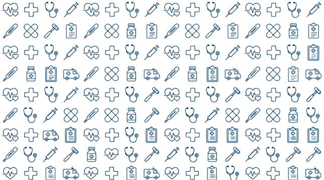 Seamless pattern of medical healthcare icons including stethoscopes, crosses, syringes, and heart symbols on a white