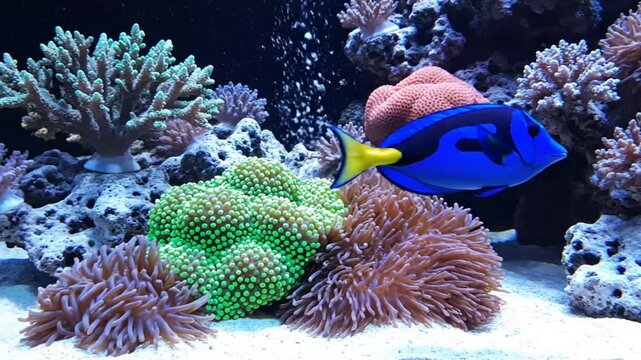 Bright blue tang fish swimming amongst colorful corals in a beautiful reef aquarium environment