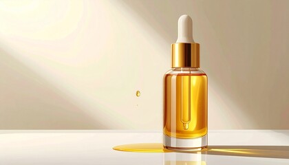Fototapeta premium Golden serum dropper bottle with splash on white minimalist background