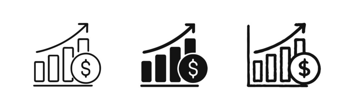 Financial growth and profit success icon set with rising bar chart and dollar coin in various styles