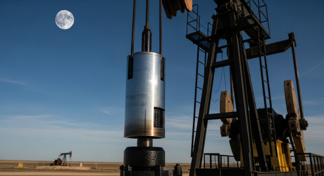 Oil pump jack and sucker rod in a desert landscape under a full moon