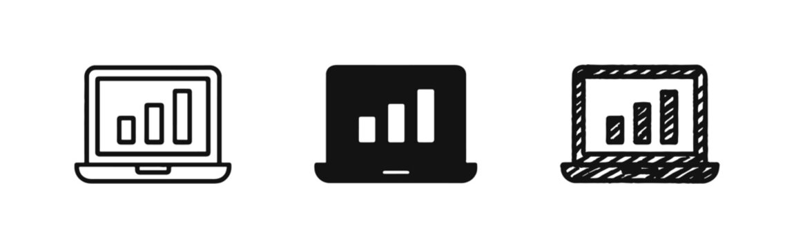 Laptop showing business data analytics icon set with bar chart on screen in multiple styles